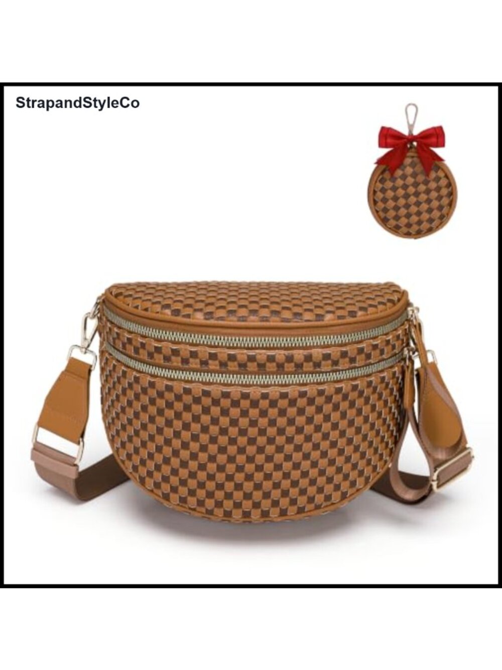 Woven Faux Leather Crossbody Bum Bag Checkered Double Zip Fanny Pack Sling